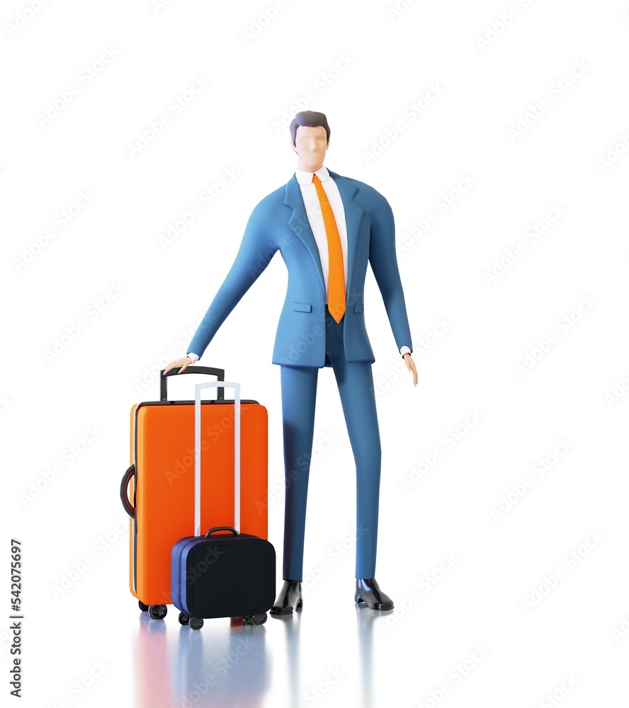 Successful businessman with suitcase, luggage walks in the airport, 3D rendering illustration Successful businessman with suitcase, luggage walks in the airport, 3D rendering illustration
