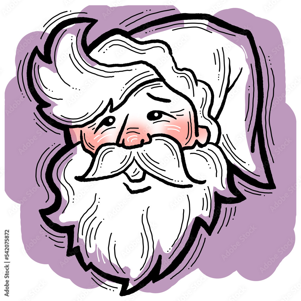 Funny Santa Claus face, hand drawn cartoon character, comic personage illustration. Decorative element for poster print, Christmas party invitation, postcard design. Traditional winter celebration.
