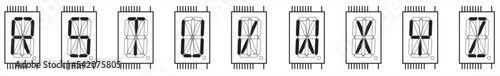 Vector image of a single-digit sixteen-segment
liquid crystal indicator chip in black and white color.
Displaying capital letters of the english alphabet from R to Z on
the indicator screen.
