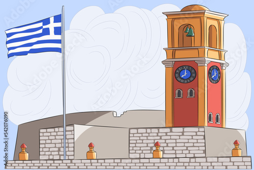 Tower and Greek flag in an old fortress in Corfu.