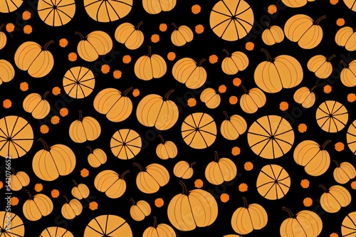 Halloween seamless pattern with black cat on orange background, Autumn pattern with spider, webs, boo, Happy Halloween text, wrapping paper, pattern fills, fall greetings, greeting cards