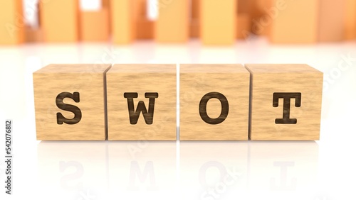 Word with the text SWOT engraved on wooden blocks reflected on the beautiful surface. Business concept. In the back are wooden cuboids in different shapes. (3D rendering)
