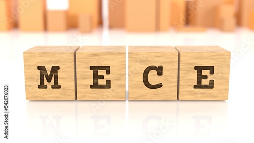 Letters MECE chiselled on wooden cube blocks reflected on the shiny surface. Business concept. In the back are wooden cuboids in many different shapes. (3D rendering)