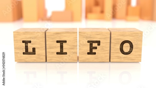 Word LIFO chiselled on wooden blocks reflected on the white table. Business concept. In the back are wooden cuboids in various shapes. (3D rendering)