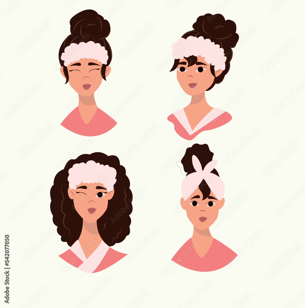 set of girls with care products. beautiful girl takes care of herself. girl makes a face mask. self care.vector illustration of cute girls skin care icons