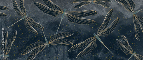 Dark blue art background with dragonflies hand drawn in gold art line style. Animalistic vector banner for decoration, print, wallpaper, textile, packaging, interior design.