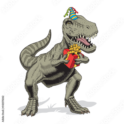 Tyrannosaur rex dinosaur holding the gift box. Happy cartoon dino, birthday invitation or greeting card, poster or print decoration. Comic style vector illustration.