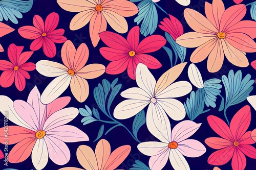 Simple seamless pattern of hand drawn gouache flowers  abstract colorful background.