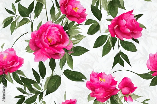 seamless floral watercolor pattern with garden flowers roses, peonies, leaves, branches. Botanic tile, background. © AkuAku