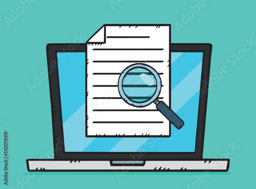 Colorful doodle vector of document with magnifying glass showing on laptop screen. Hand drawn illustration.