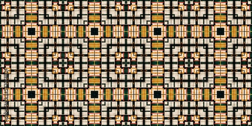 Traditional tile mosaic seamless border pattern print. Fabric effect mexican patchwork damask edging trim. Square shape symmetrical background textile ribbon . Creative colourful graphic design banner