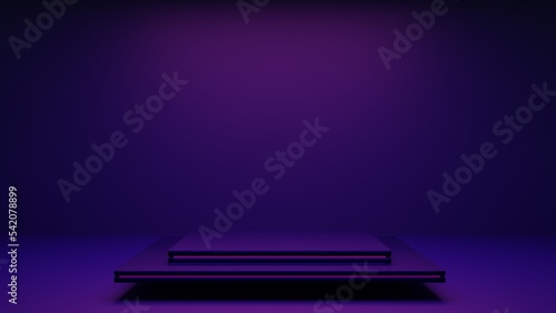  Empty podium with square on square and neon line gradient on podium and purple light on background. 3D rendering. High quality 3d illustration © Олександр Вишняк