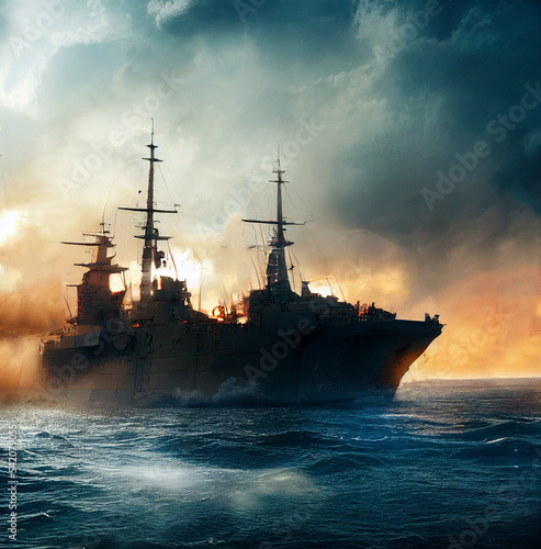 The warship is wrecked. 3D illustration © Dav_782