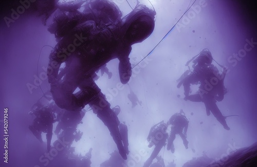 3D digital illustration of cyborg in the fog scene. Concept art futuristic soldier. Ai generated art illustration photo