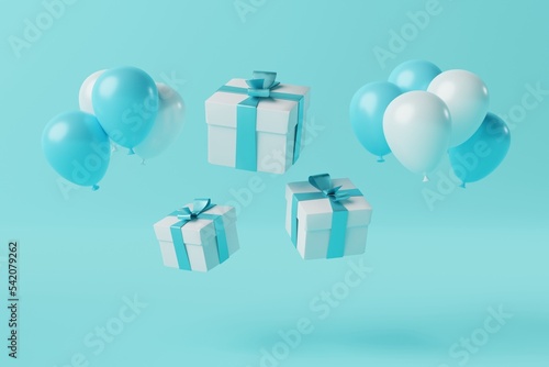 White gift boxes on a blue background with ribbons and balloons in the background. Concept of making gifts, buying gifts, shopping. 3D render, 3D illustration.