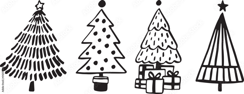 christmas tree vector, background, icon, black and white, retro style, vintage minimalistic trees, hand drawn trees, pattern, isolated, graphic, simple, bundle set, collection