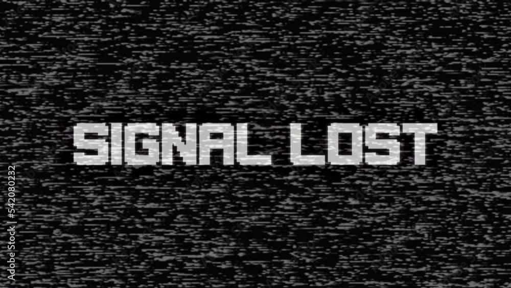 Glitchy white noise screen with signal lost blinking message. TV or video error, technology distortions on digital display Glitchy white noise screen with signal lost blinking message. TV or video error, technology distortions on digital display