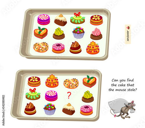 Logic puzzle for children and adults. Can you find the cake that the mouse stole? Educational game. Page for kids brain teaser book. Task for attentiveness. IQ test. Play online. Cartoon vector.