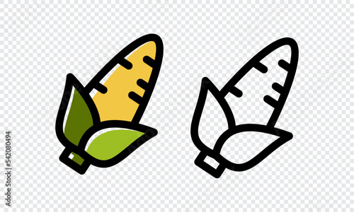 Set of fresh corn in colorful and monochrome line art style. Natural vegetable with design elements isolated background. Cute vegetarian healthy food. Vector illustration
