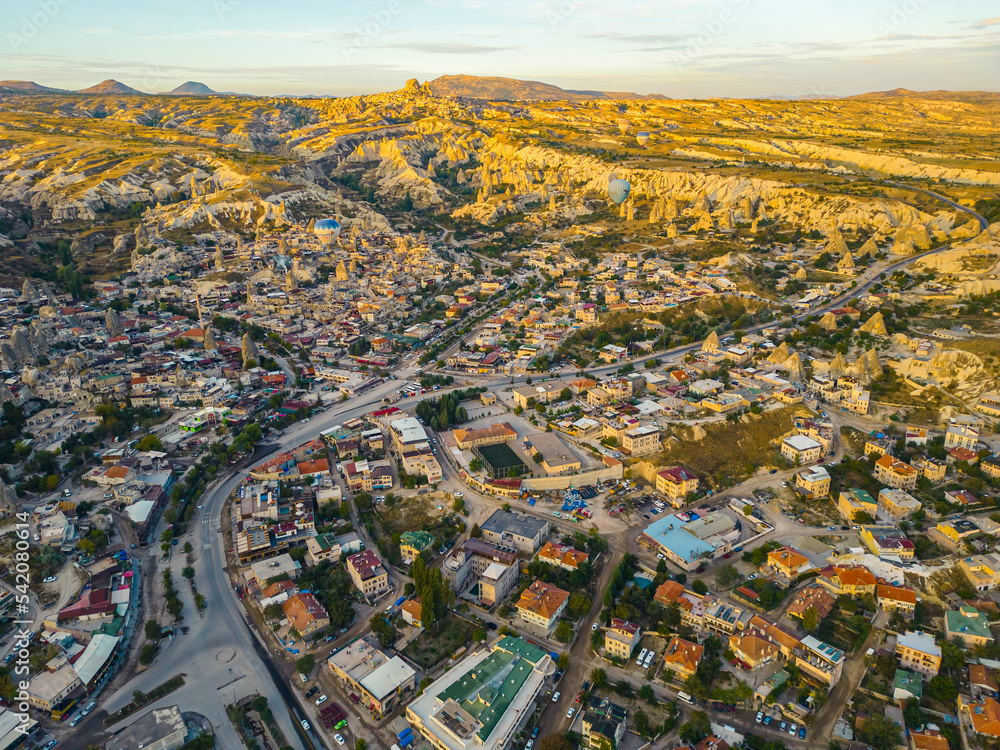 Panoramic drone view of Nevsehir town in the Capadoccia valleys, rock formations in the Central Anatolia Region of Turkey. High quality photo