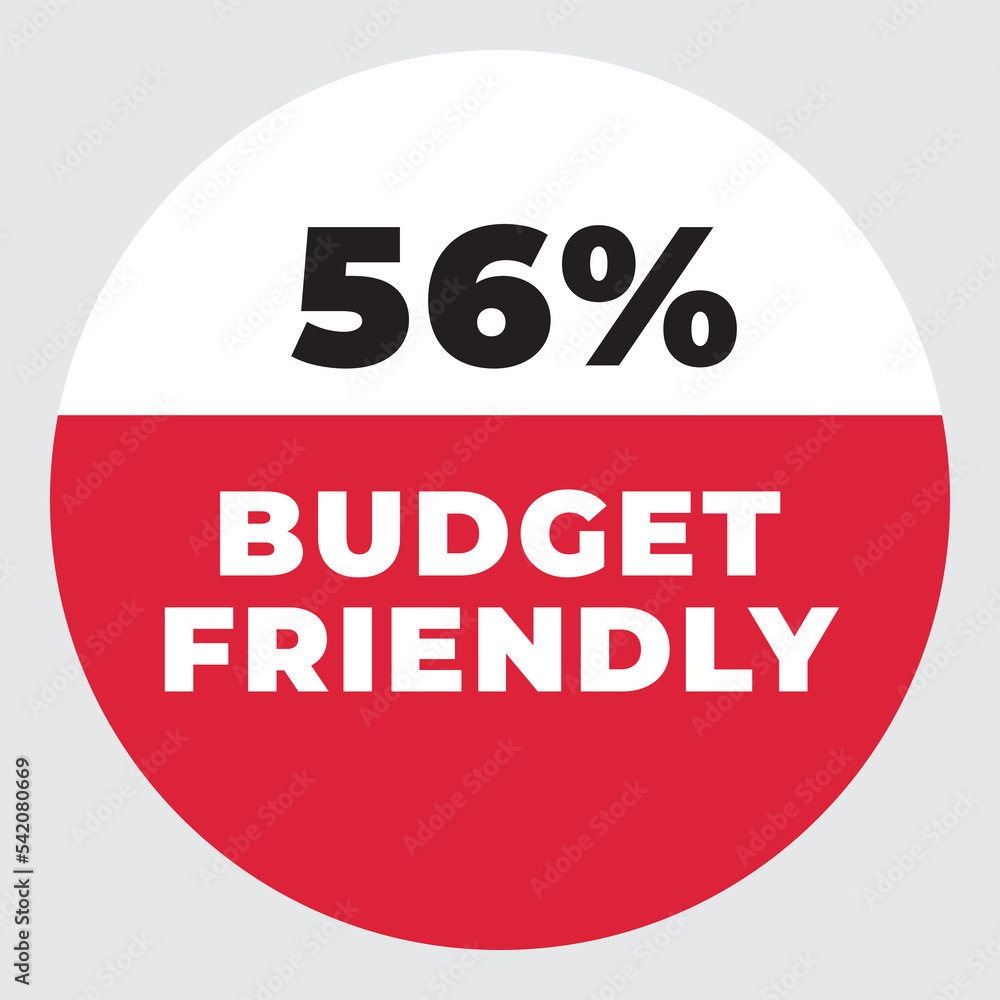 56% Budget Friendly vector sign. Warning red tag banner 
