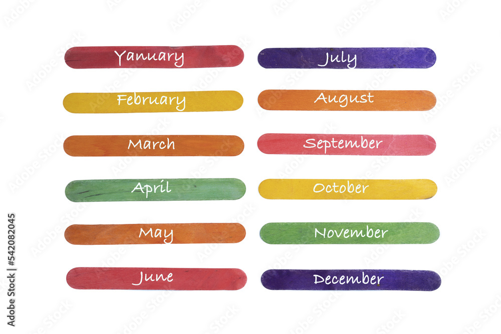 the months of the year written on colored wooden palettes the months of the year written on colored wooden palettes