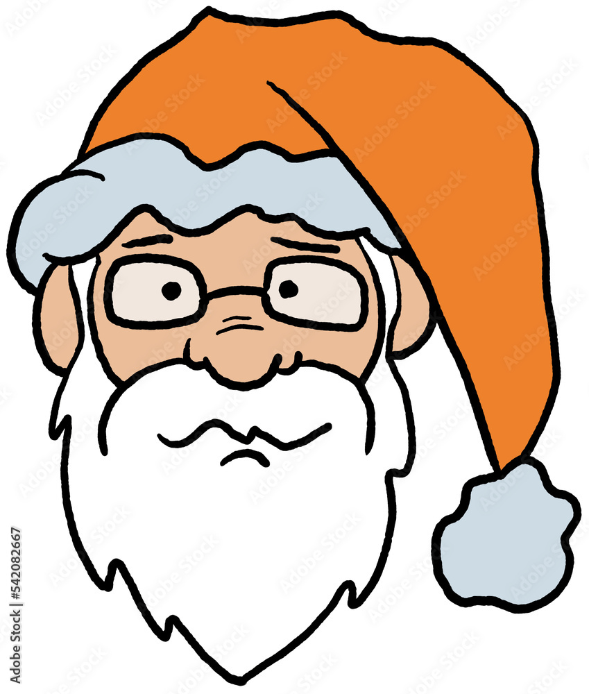 Funny Santa Claus face, hand drawn cartoon character, comic personage illustration. Decorative element for poster print, Christmas party invitation, postcard design. Traditional winter celebration. Funny Santa Claus face, hand drawn cartoon character, comic personage illustration. Decorative element for poster print, Christmas party invitation, postcard design. Traditional winter celebration.