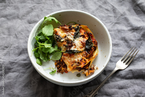 Vegetarian lasagna with puy lentils and butternut squash photo