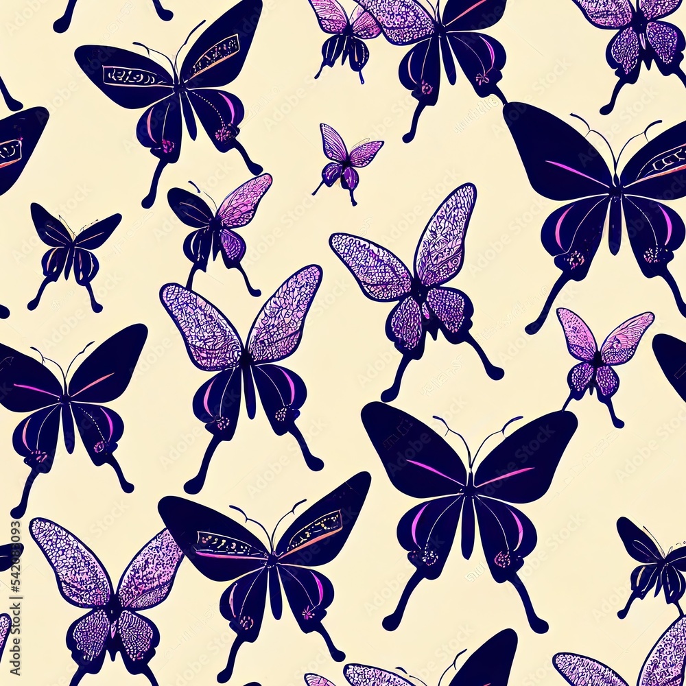 Fototapeta premium 2d illustrated butterfly seamless repeat pattern design background. Pastel girly pattern background. Random butterfly silhouettes.