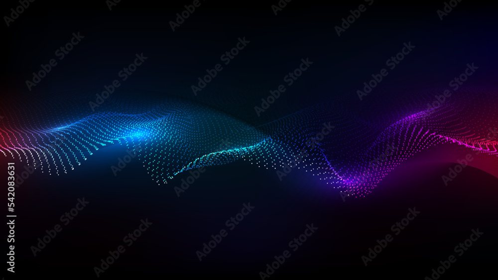 Abstract neon lights dots particles dynamic wave flowing on dark ...