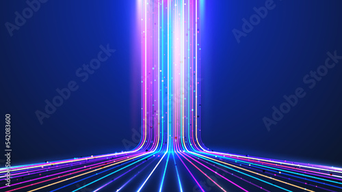 Abstract technology digital futuristic concept glow neon colors lines with lighting effect perspective on dark blue background photo