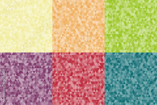 Set of abstract yellow, orange, green, blue, red, purple colors geometric triangles shapes mosaic pattern background