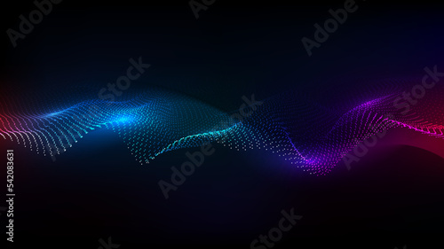 Abstract neon lights dots particles dynamic wave flowing on dark background technology digital futuristic concept