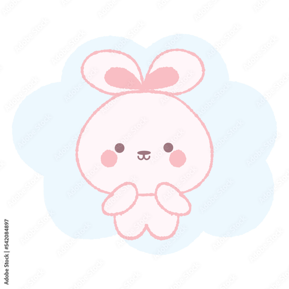 Cute rabbit, hare, bunny on blue cloud. Hand drawn vector illustration in crayon colored texture isolated on white background. Cute rabbit, hare, bunny on blue cloud. Hand drawn vector illustration in crayon colored texture isolated on white background.