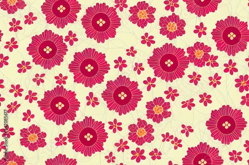 Vintage floral background. Seamless 2d illustrated pattern for design and fashion prints. Flowers pattern with small pink and red flowers on a light ivory background. Ditsy style.
