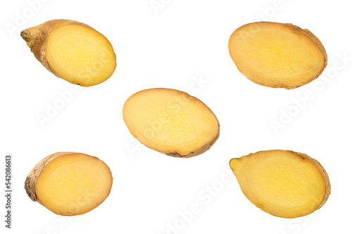 Slices of ginger isolated on white background.