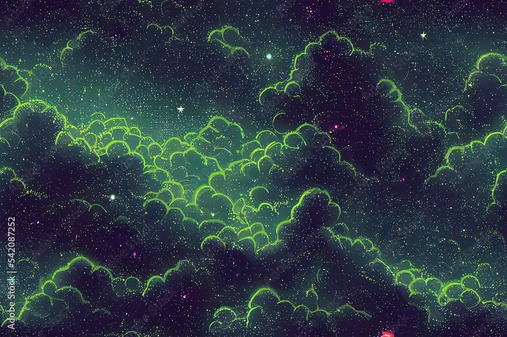 Fototapeta premium Starry sky and turbulent clouds abstract background. Seamless 2d illustrated pattern in the style of impressionist paintings.