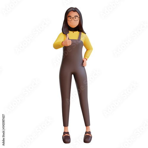 3d render cute woman character  showing thumbs up  