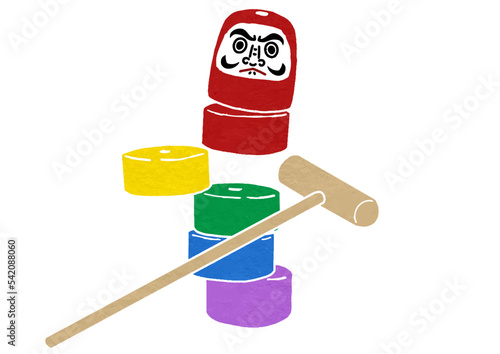 崩れるだるま落としのイラスト（版画風）