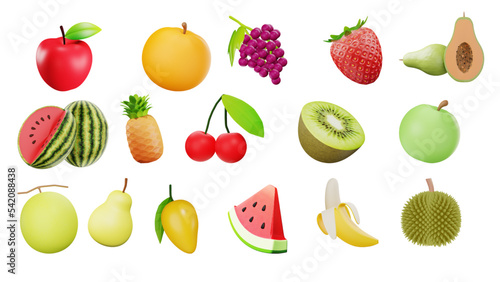 a collection of 3d illustrated fruits such as oranges, apples, strawberries, mangoes etc 