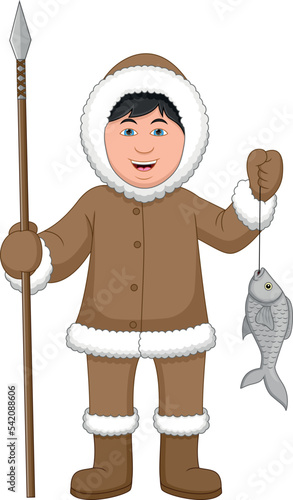 Cartoon cute Eskimo boy catching fish with a spear