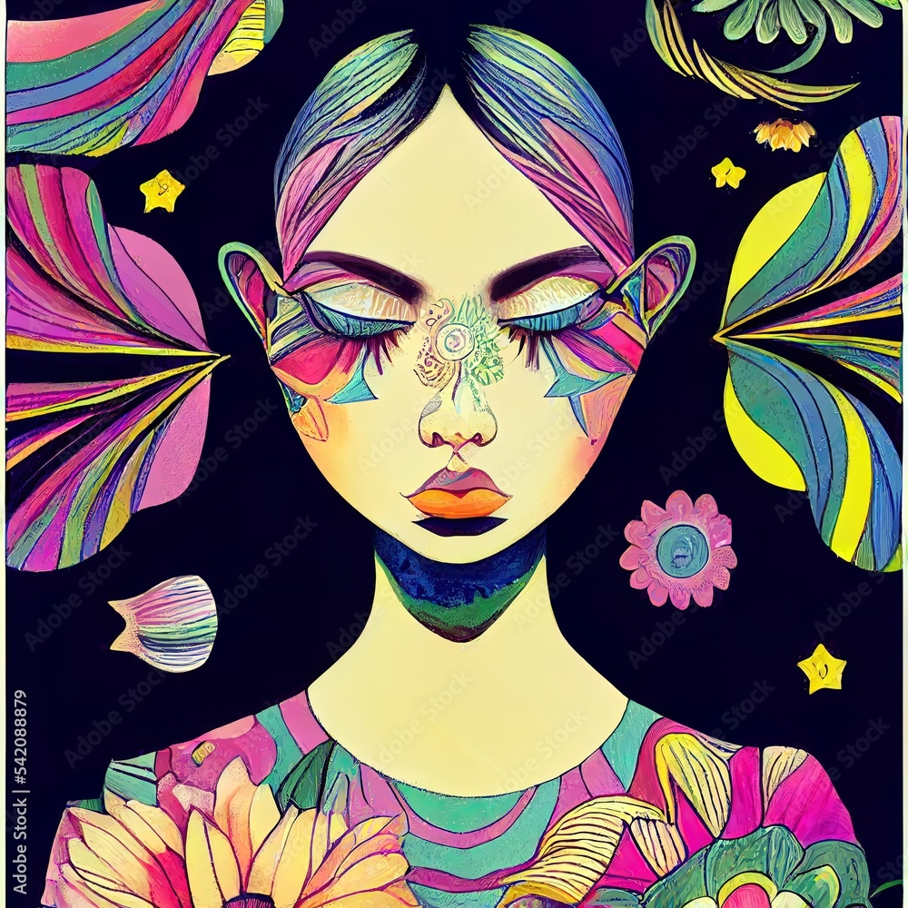 Hand drawn psychedelic groovy background. Eyes, flowers, pastel colors, lips, nature elements, stars.