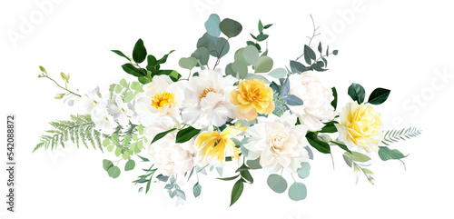 Yellow rose, ivory dahlia, white peony, tulip, orchid, spring garden flowers, emerald greenery, eucalyptus photo