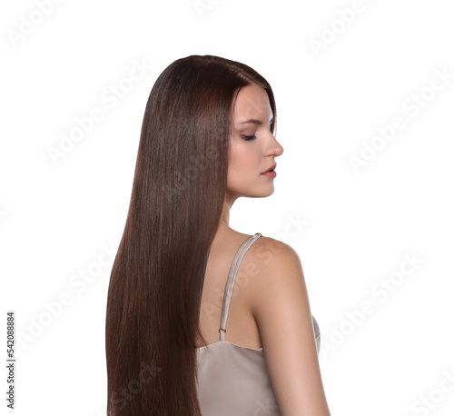 Portrait of beautiful young woman with healthy strong hair on white background