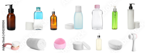 Set with cosmetic products and tools for cleansing on white background. Banner design