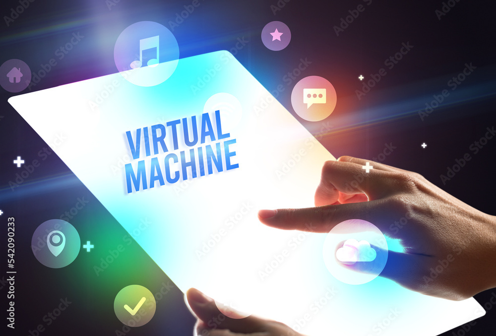 Holding futuristic tablet, new media concept Holding futuristic tablet, new media concept