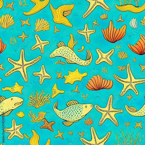 Set of sea style cards and seamless patterns. Underwater creatures, starfish, sea horse, coral, fish. Marine, nautical endless wallpaper, background. Endless stripes. Hand drawn style.
