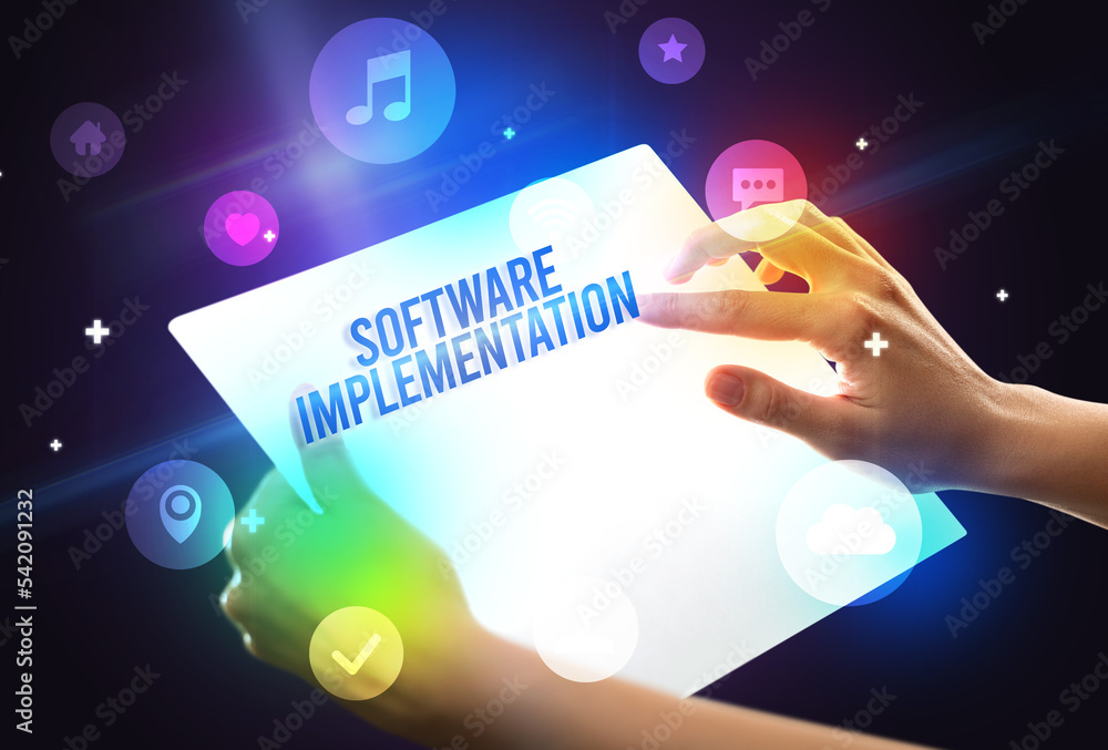 Holding futuristic tablet, new media concept