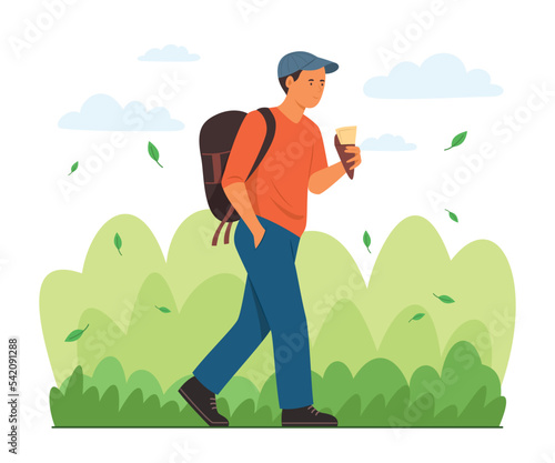 Backpacker Man Strolling in Public Park