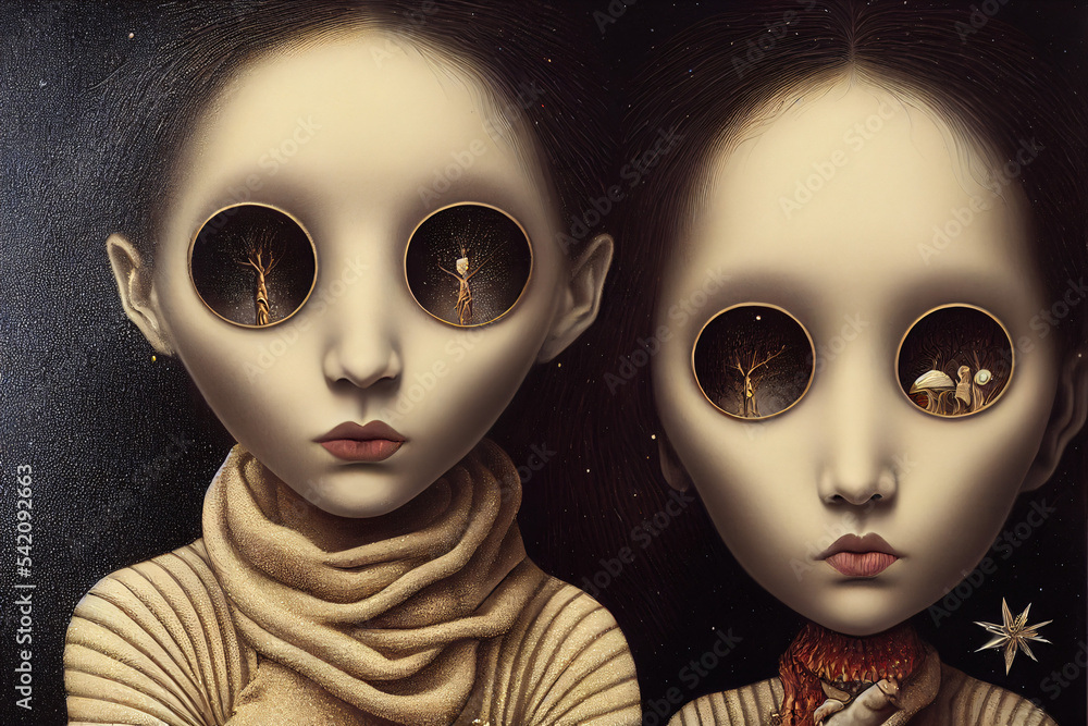 Strange gold and silver dolls with big eyes in winter illustration